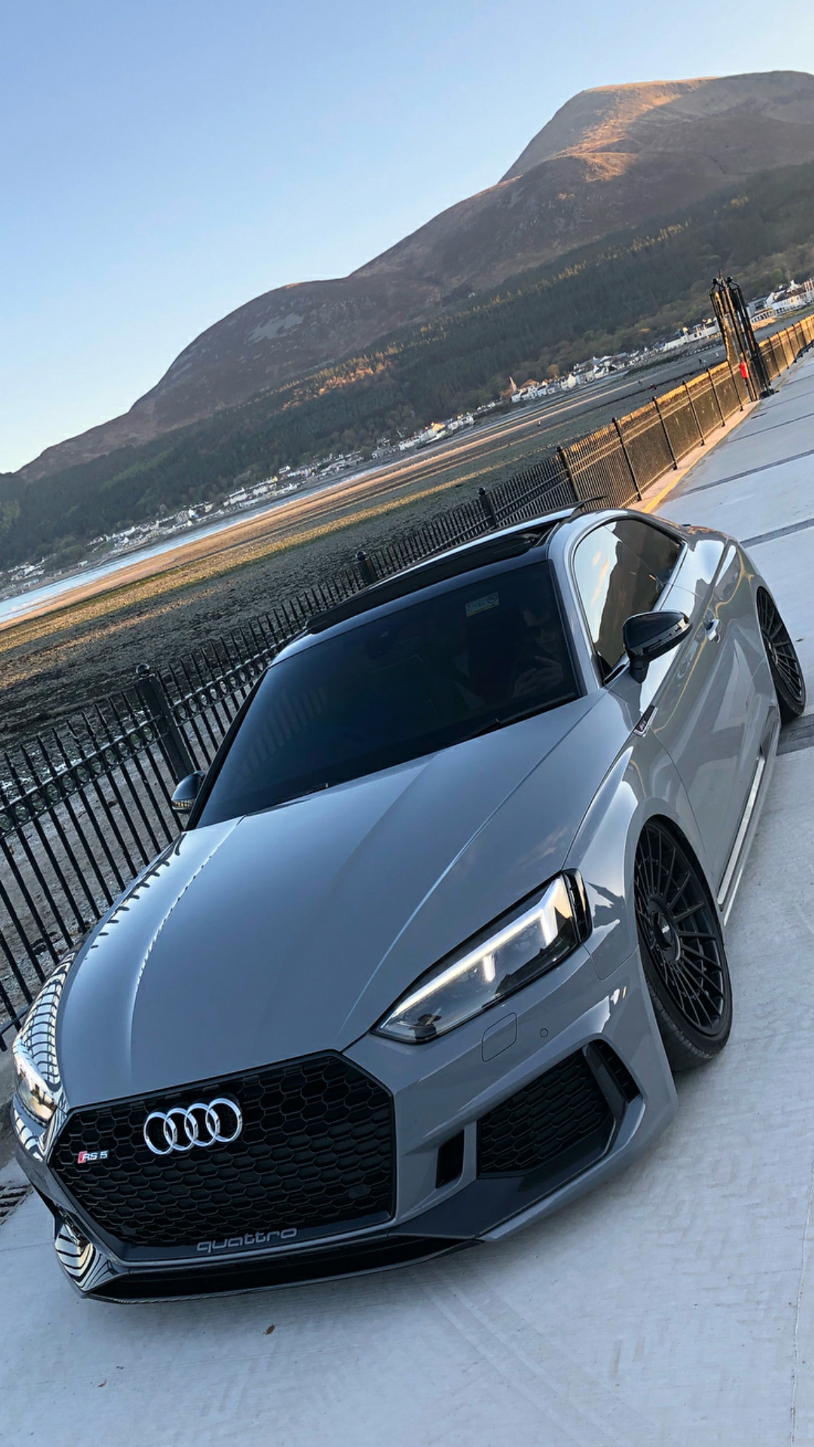 Un audi está estacionado al lado de la carretera cerca de una cerca (audi, rs5, gris, coche, hipercoche)