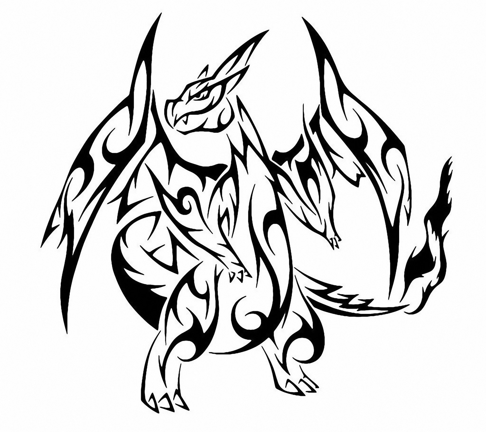 Um desenho em preto e branco de um dragão com uma cauda (charizard, mega, pokémon, pokemon, tatuagem)