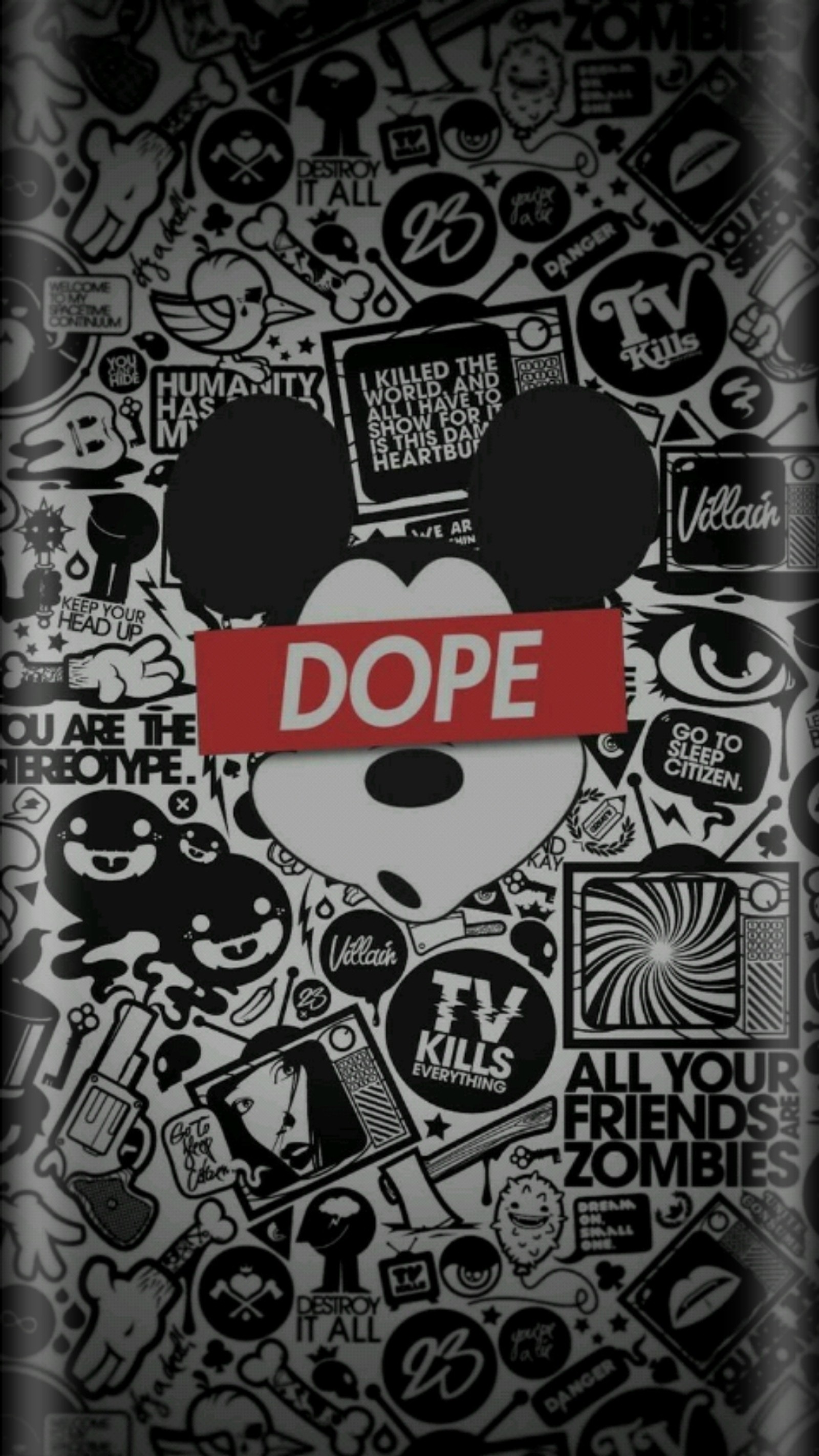 A close up of a mickey mouse head surrounded by stickers (art, artist, brand, bud, dope)