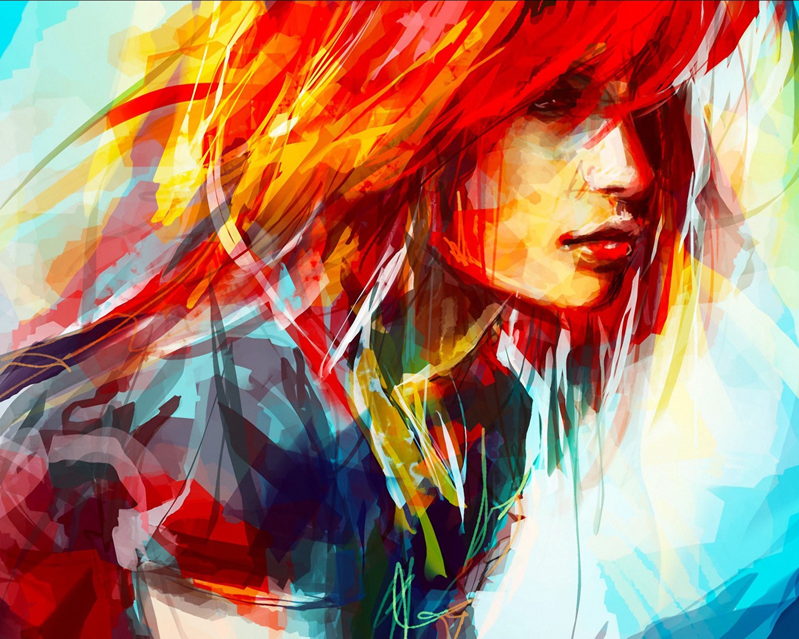 A painting of a woman with red hair and a blue shirt (art, beautiful, bright, colors, drawing strokes)