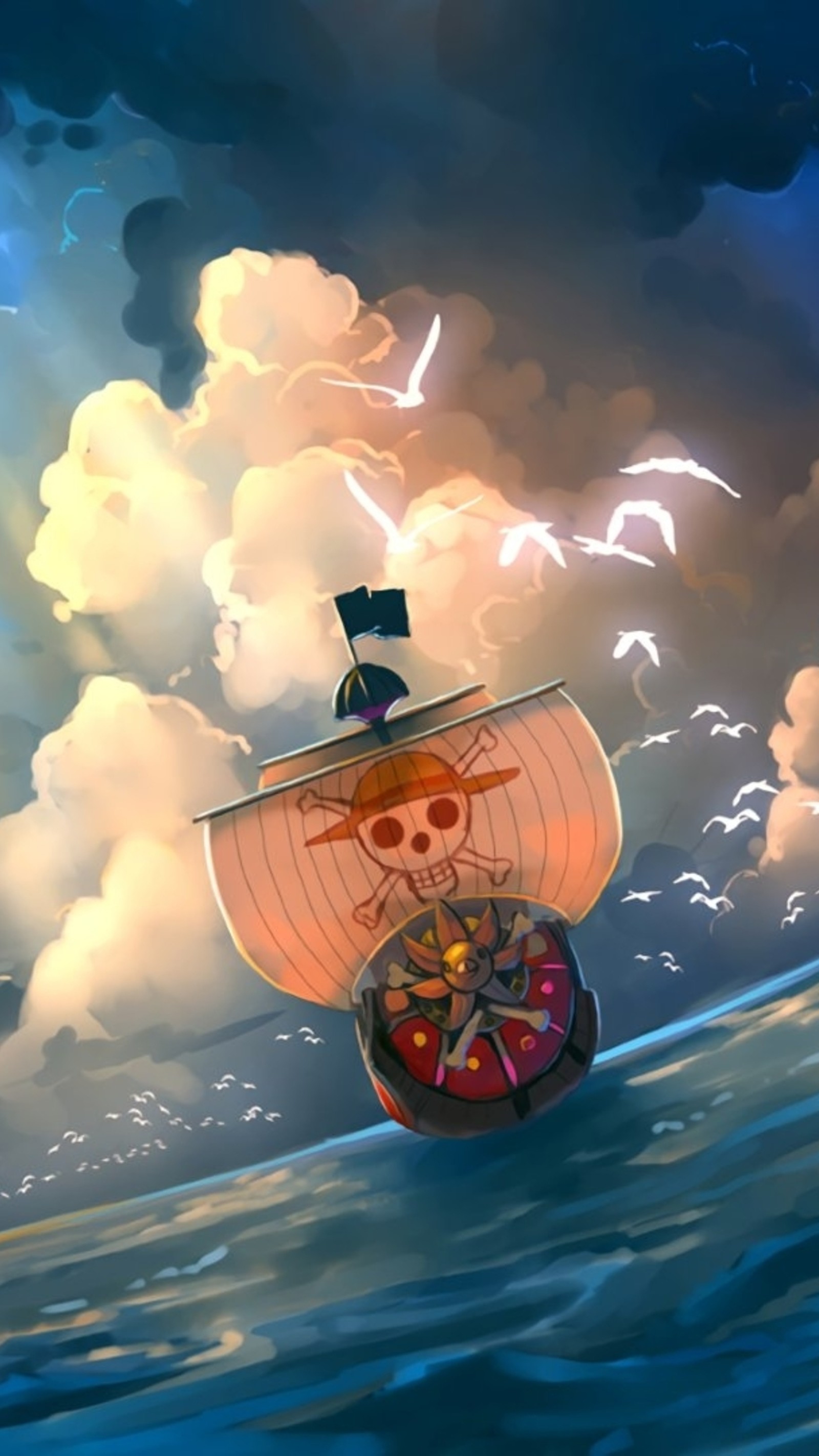 Pirate ship in the ocean with a skull and crossbone on it (one piece, anime)