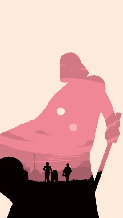 Minimalistische Star Wars Silhouette: Ikonische Charaktere in einer Wüstenlandschaft