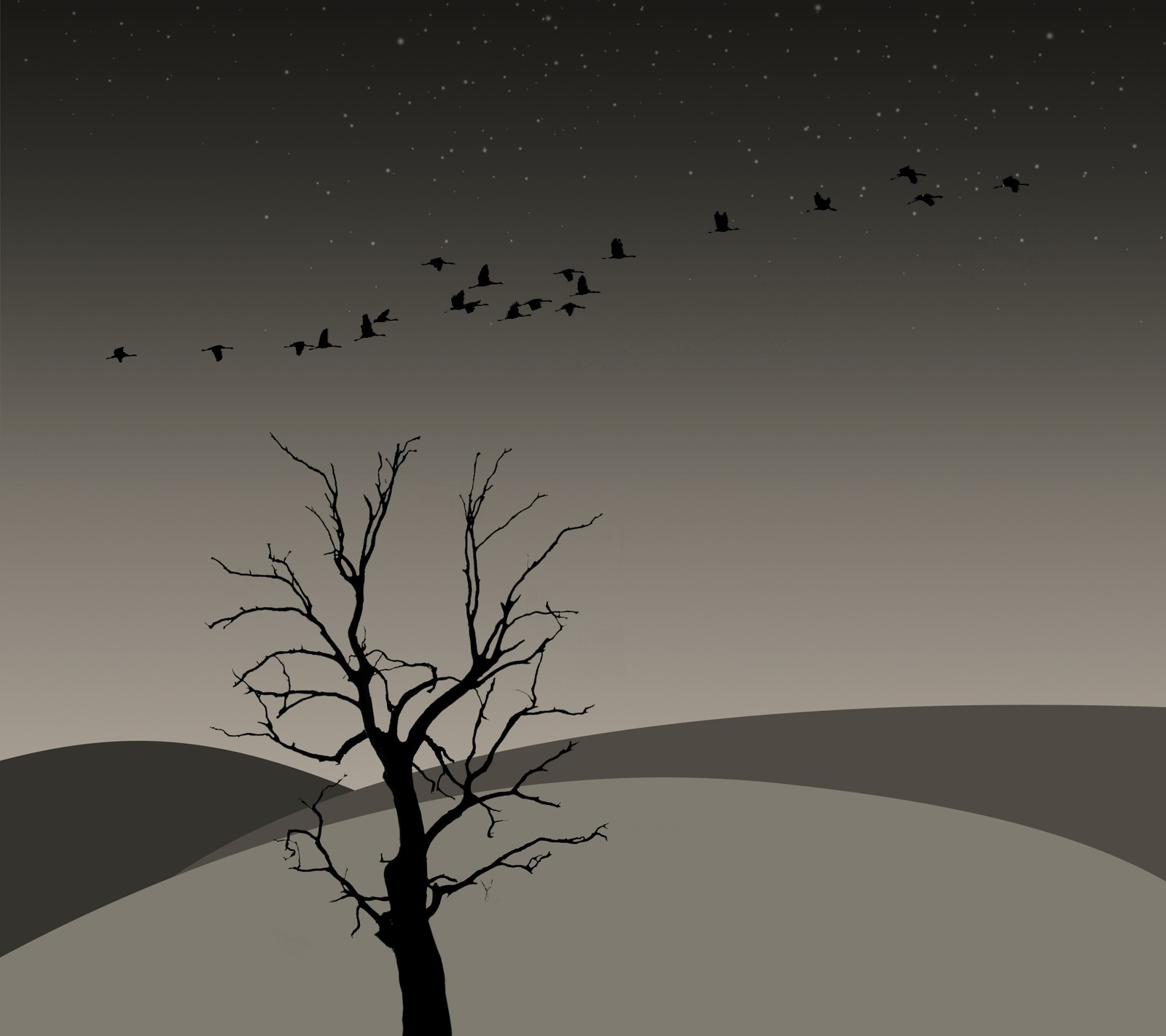 There are birds flying over a tree in the night sky (abstract, birds, mbdesign, mountain, tree)