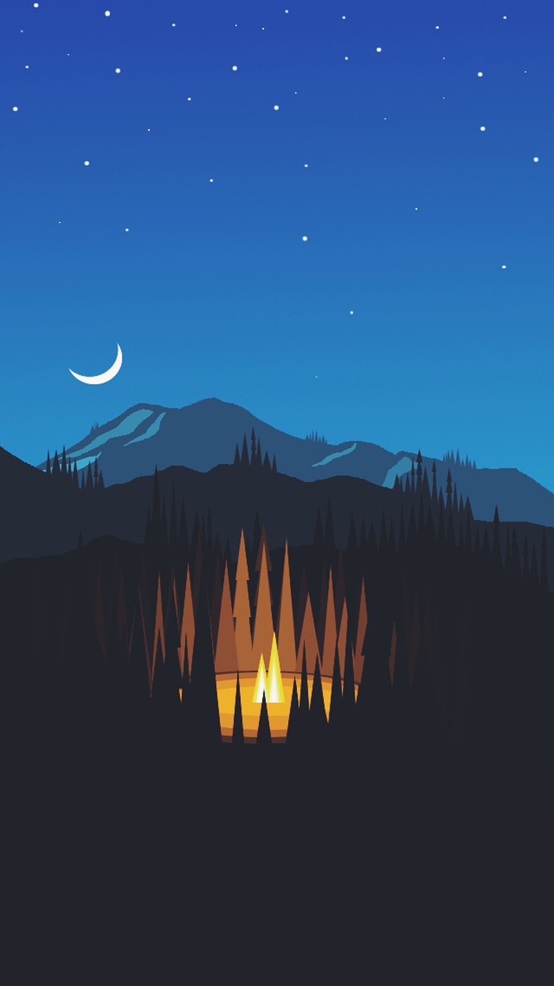 Night scene with a mountain and a full moon (929, bonfire, camp, camping, fire)