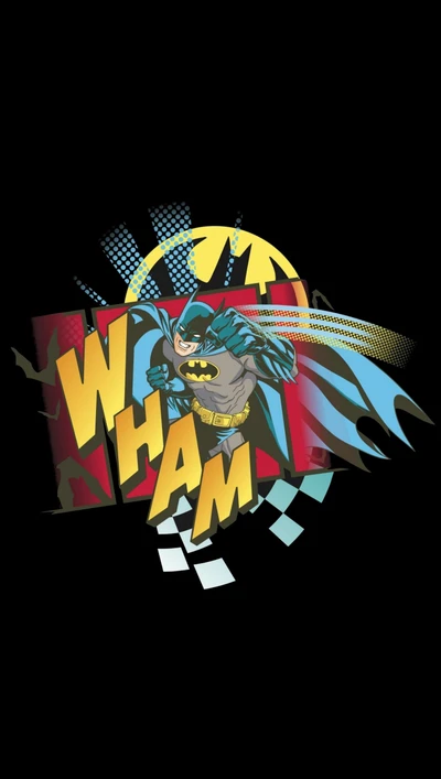 Batman en acción con un gráfico dinámico de "WHAM", que presenta colores audaces y un estilo de cómic icónico.