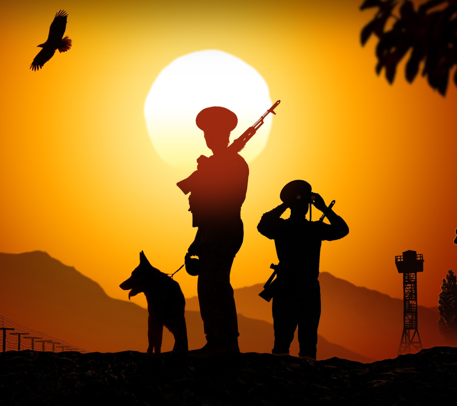 Silhouette of two soldiers with a dog and a bird in the background (army, sodier)