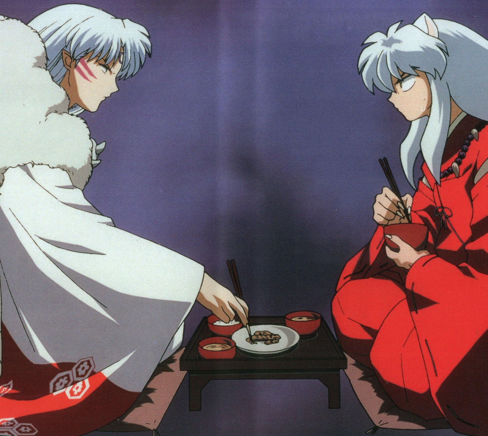 Escena de anime de dos mujeres en kimonos comiendo comida (anime, inuyasha, rumiko, sesshomaru, takahashi)