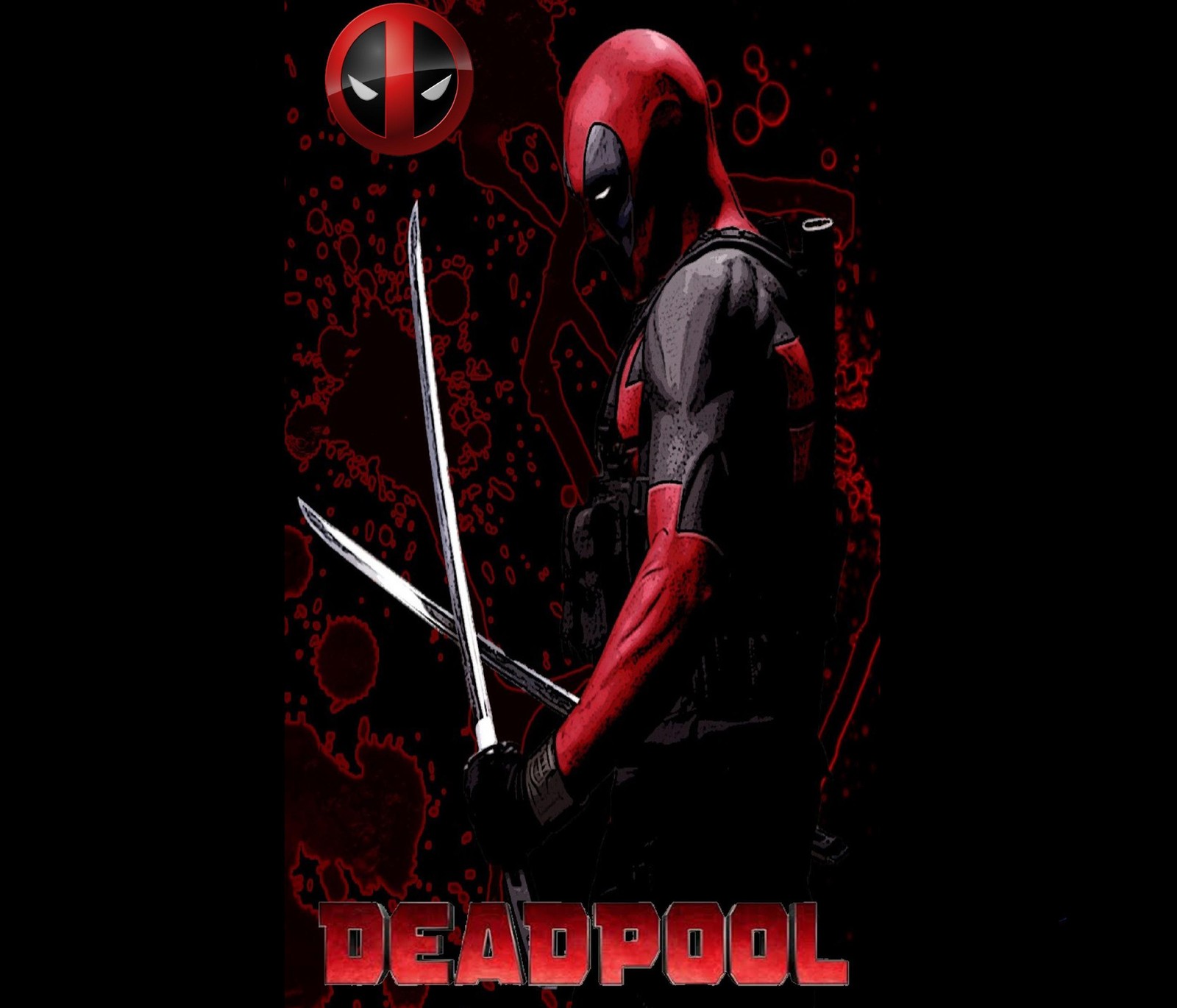 Deadpool-filmplakat mit einem deadpool-charakter, der zwei schwerter hält (film, superheld)