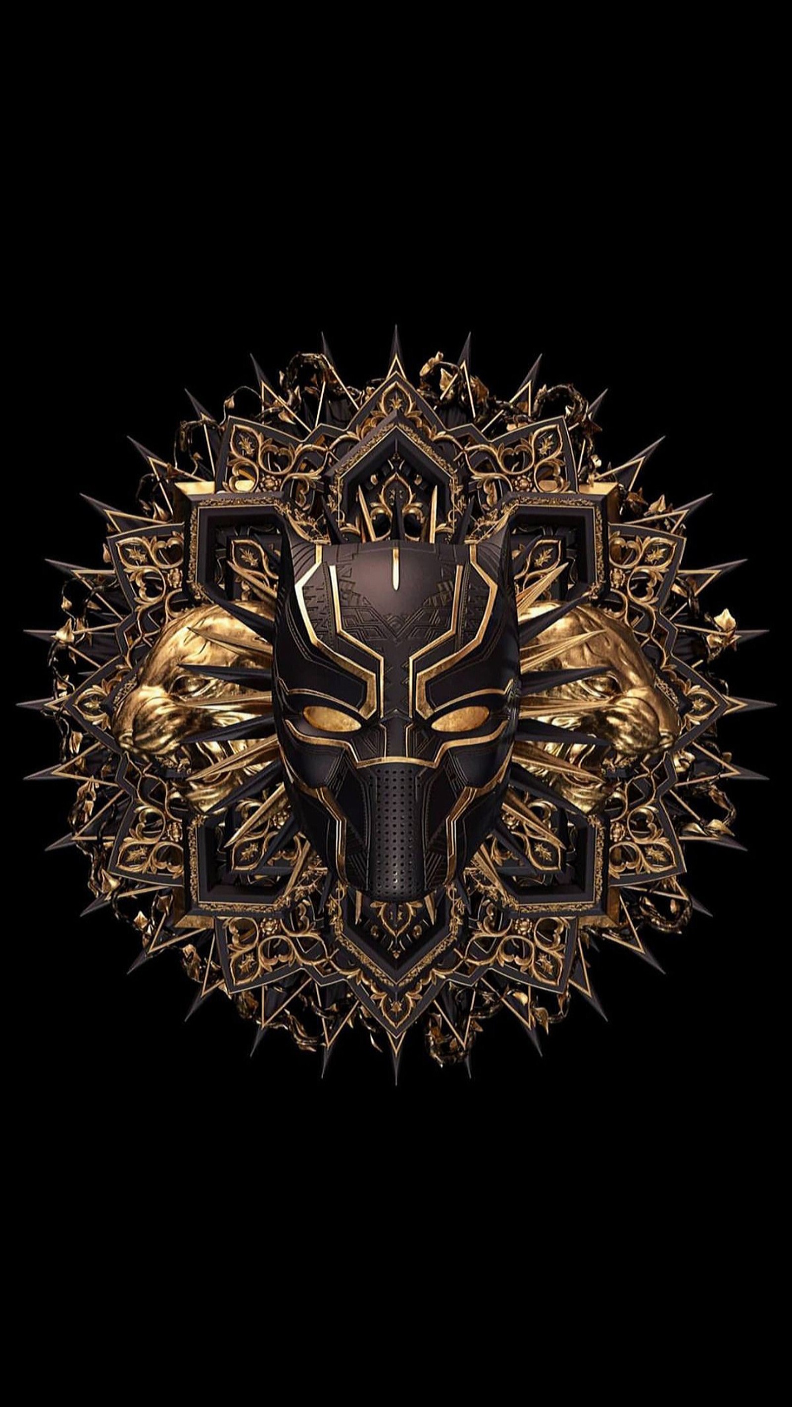 A close up of a black and gold emblem with a lion (black panther, golden, hero, marvel, mask)