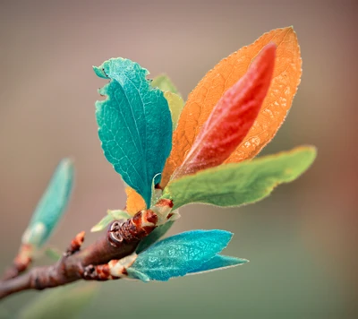 Folhas multicoloridas vibrantes em um galho