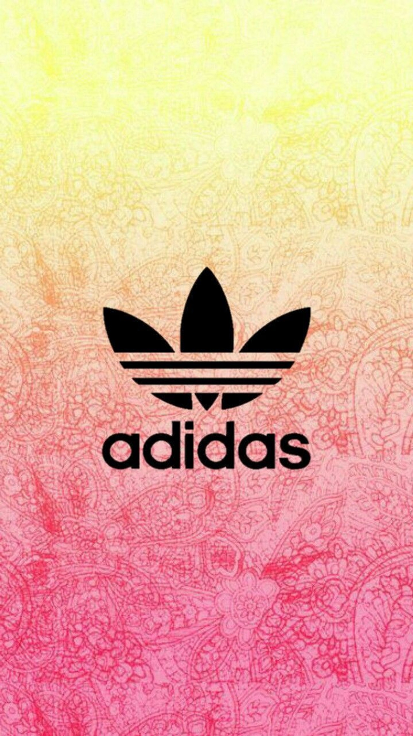 Un papel de pared rosa y amarillo con un logo negro de adidas (chicas)