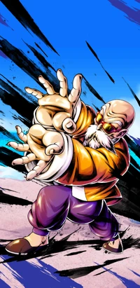 Mestre Roshi em ação, exibindo sua pose icônica de artes marciais contra um fundo azul vibrante.