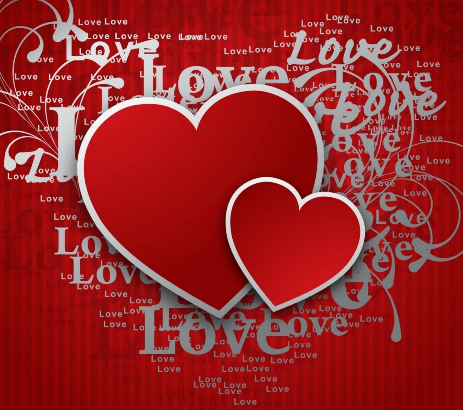 Two red hearts with love words on a red background (hearts, love, valentines day)