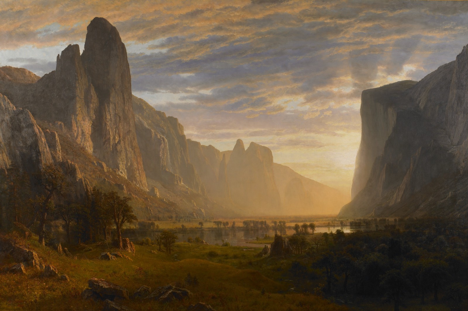 A painting of a mountain scene with a river and a valley (bierstadt, painting, art, paint, nature)