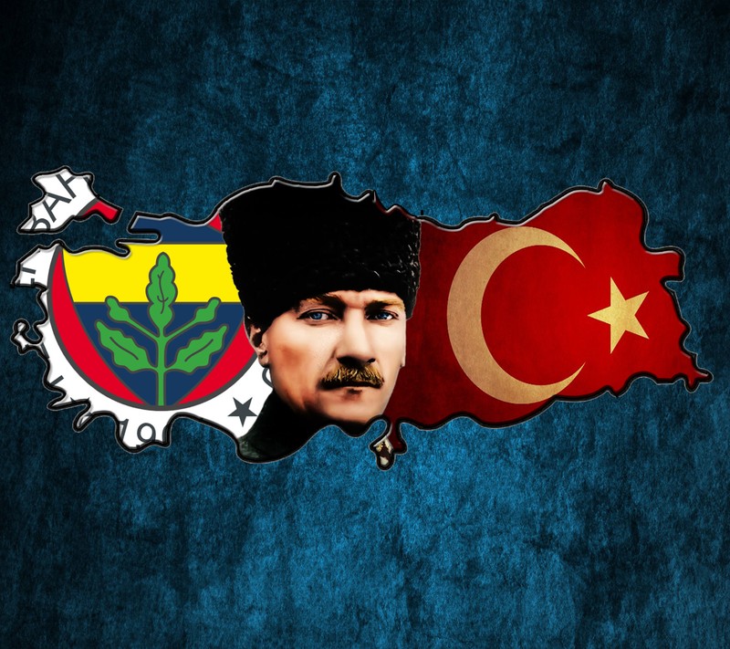 Крупный план флага с мужчиной в шляпе (ататюрк, ataturk, байрак, bayrak, фенербахче)