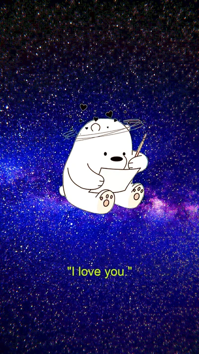 Whimsical Polar Bear Writing 'I Love You' Against a Cosmic Background