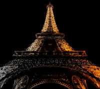 torre eiffel, dourado, luzes, noite, paris