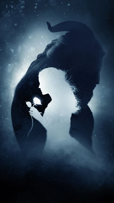 A silhouette of a woman holding a rose, intertwined with the shadow of a beast, set against a mystical blue background.