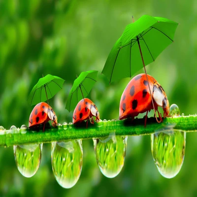 Charming Ladybugs Sheltering Under Green Umbrellas