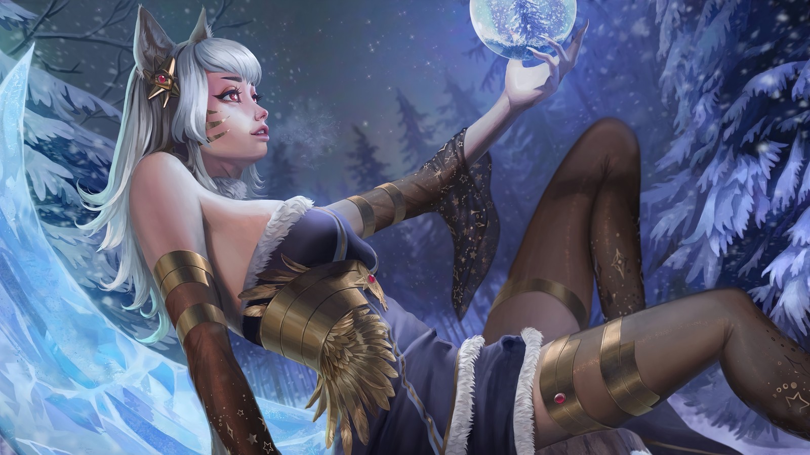 Eine frau in einem kleid hält eine kristallkugel in der hand (ahri, kunst, lol, league of legends, videospiel)