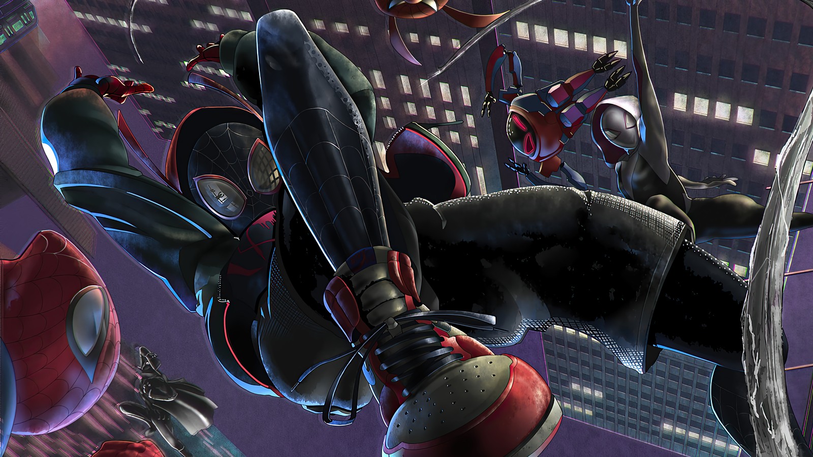 Spider - man and his friends are hanging upside down in the air (miles morales, art, spider man into the spider verse, peter parker, spider gwen)