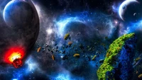 Vibrant Cosmic Landscape with Exploding Planet and Asteroid Field