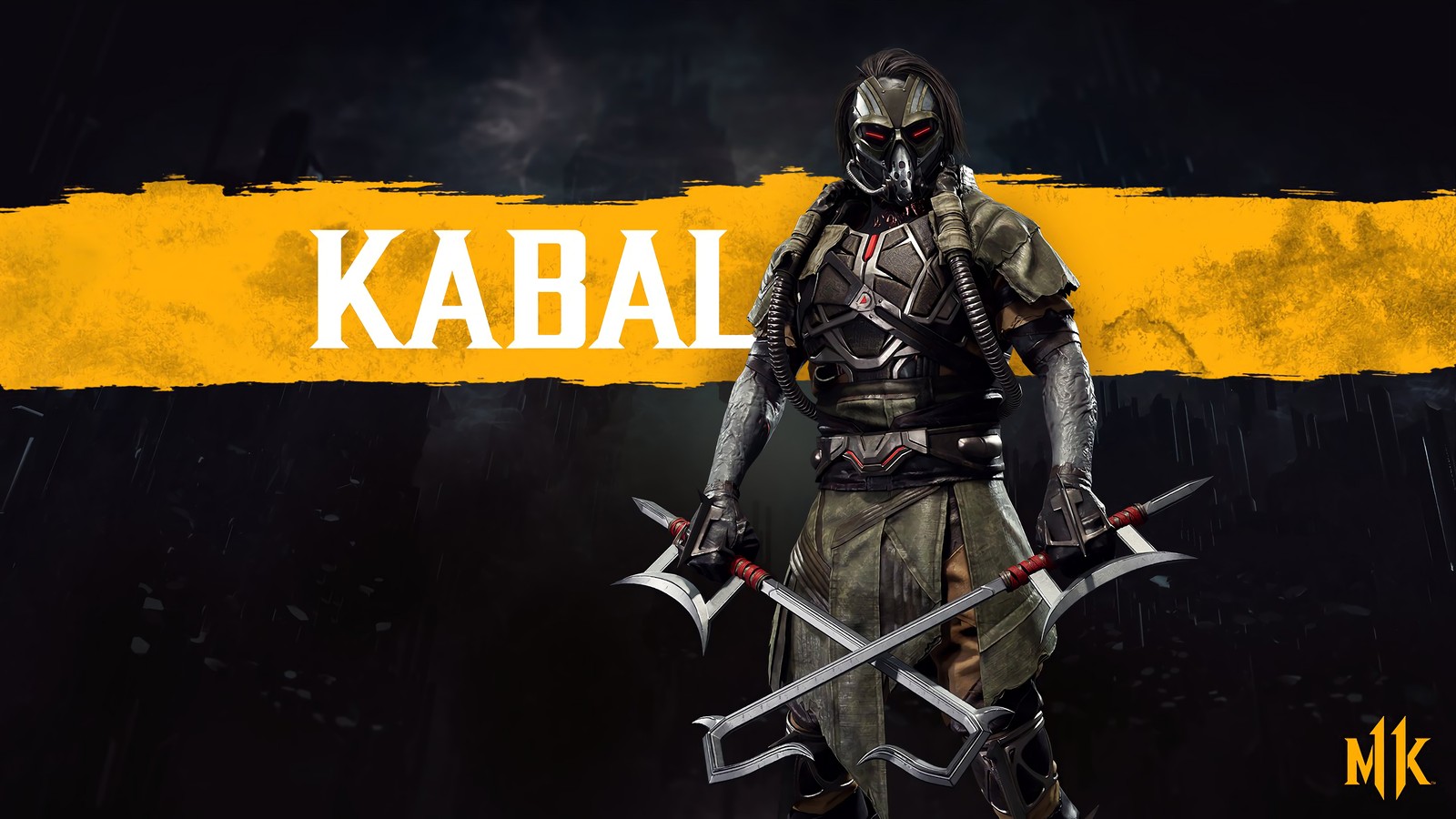 Un homme en costume noir tenant deux épées et une bannière jaune (kabal, mortal kombat 11, jeu vidéo)