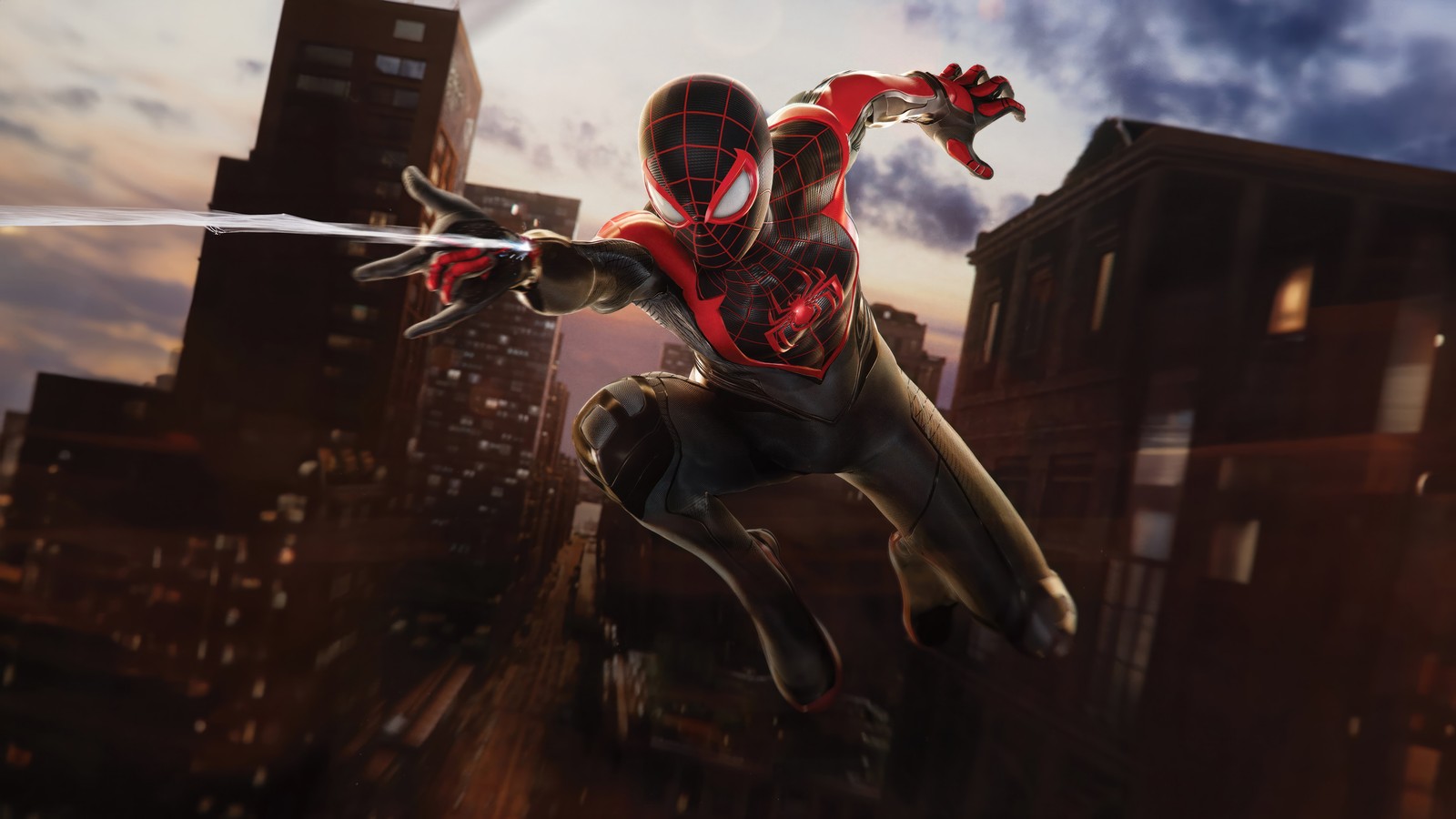 Spider-man dans un costume avec une épée dans la ville (marvel spider man 2, marvels spider man 2, jeu vidéo, marvel, miles morales)