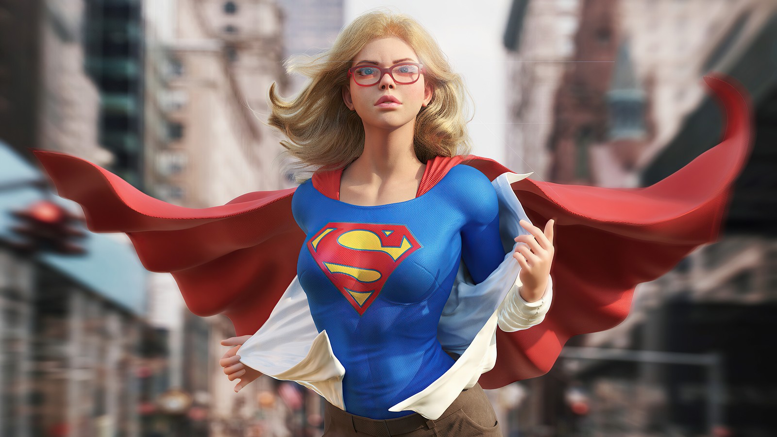 Une femme habillée en supergirl dans une ville (supergirl, cgi, dc comics, graphismes cgi, graphics cgi)