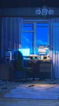 anime, art danime, cartoon, bleu, bureau