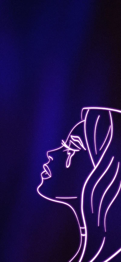 Violette Neon-Silhouette mit Träne vor dunklem Hintergrund