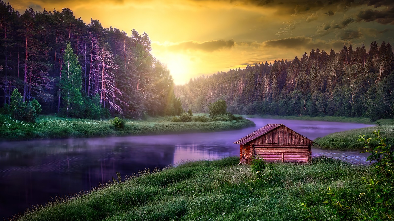 A close up of a small cabin near a lake with a forest in the background (cabin, river, forest, nature, sunset)