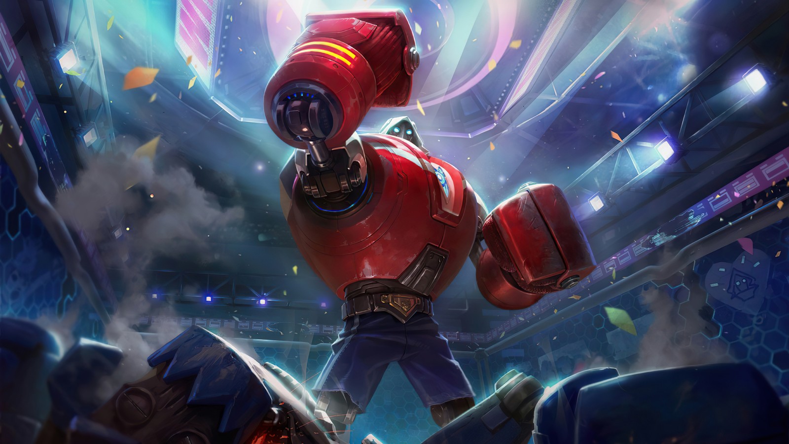 Um close de um robô com um capacete vermelho e um traje vermelho (lol wild rift, league of legends wild rift, jogo de vídeo, lol, league of legends)