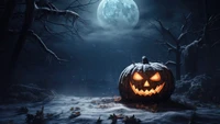 Chilling Jack-o'-Lantern Under a Full Moon in a Haunted Forest