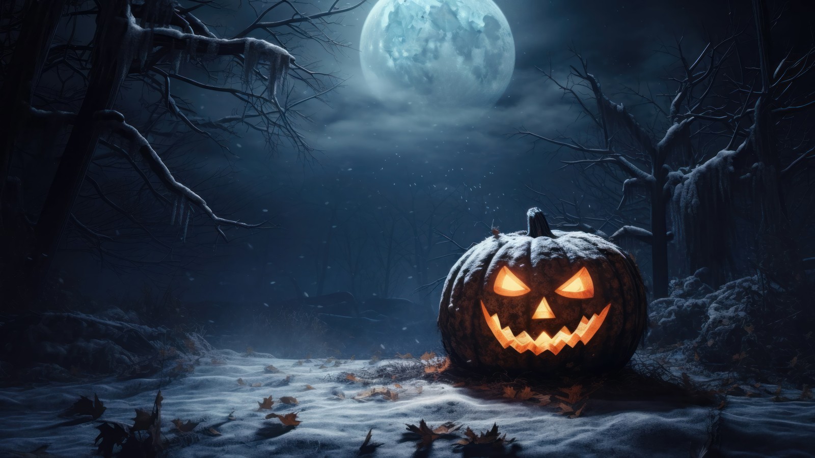 Ein halloween-kürbis, der im schnee sitzt, mit einem vollen mond im hintergrund (kürbislaterne, kürbis, halloween, feiertag, nacht)