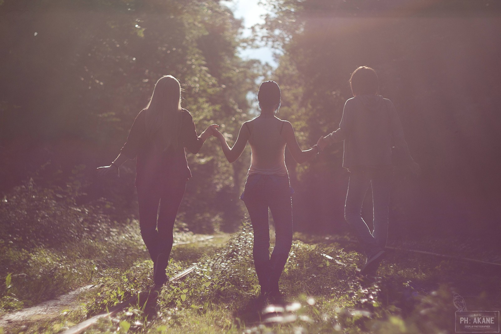 Três mulheres caminhando por um caminho na floresta de mãos dadas (chloe price, luz, água, luz solar, árvore)