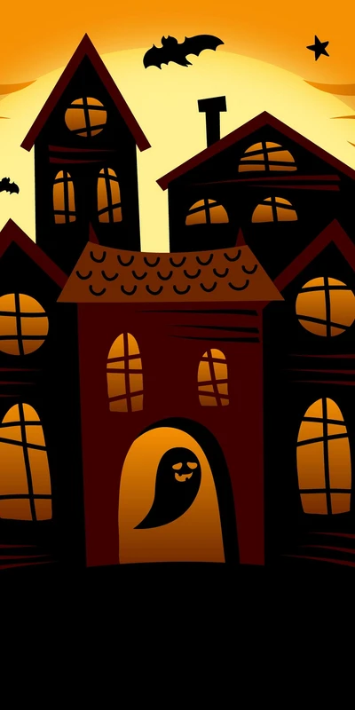 Haunted House with Jack-o'-Lanterns Under Amber Sky