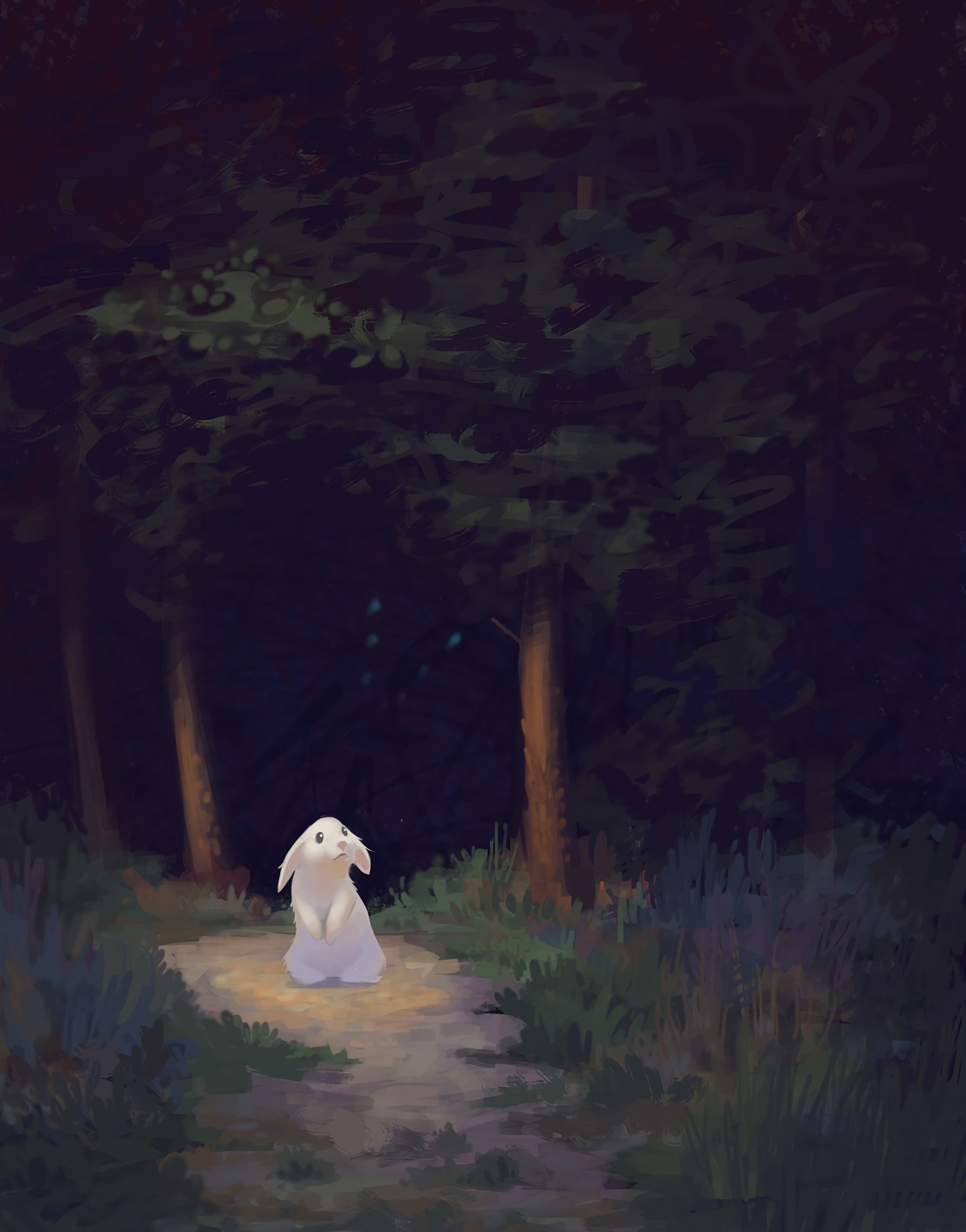 Painting of a woman in a white dress walking down a path (darkness, tree, atmosphere, painting, visual arts)