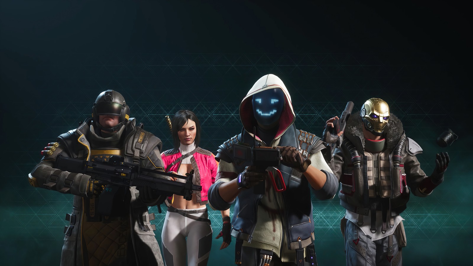 A group of people in costumes holding guns and standing in front of a dark background (rogue company, video game, characters)