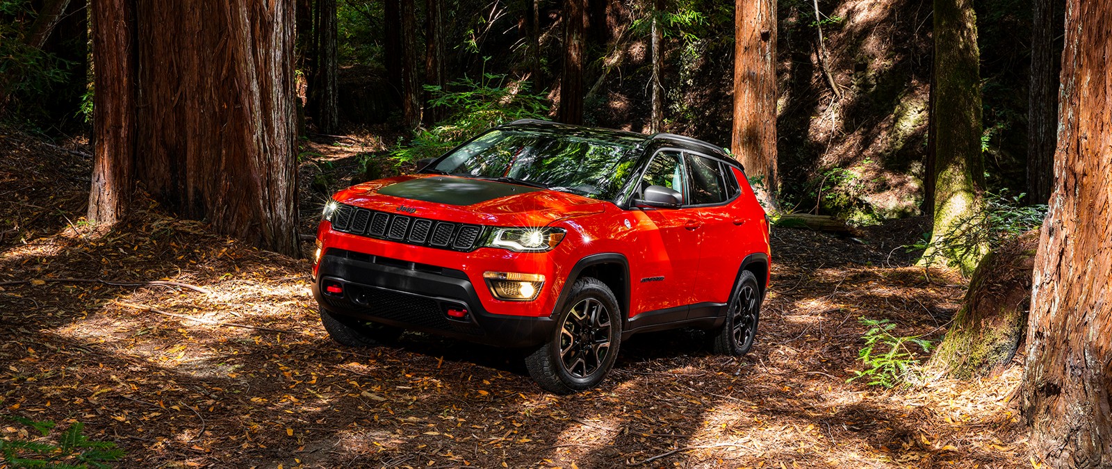 Un jeep compass rojo estacionado en el bosque cerca de un árbol (jeep, chrysler, coche, todoterreno, exterior de automóvil)