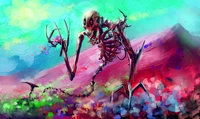 Whimsical Skeleton Amidst Vibrant Abstract Landscape