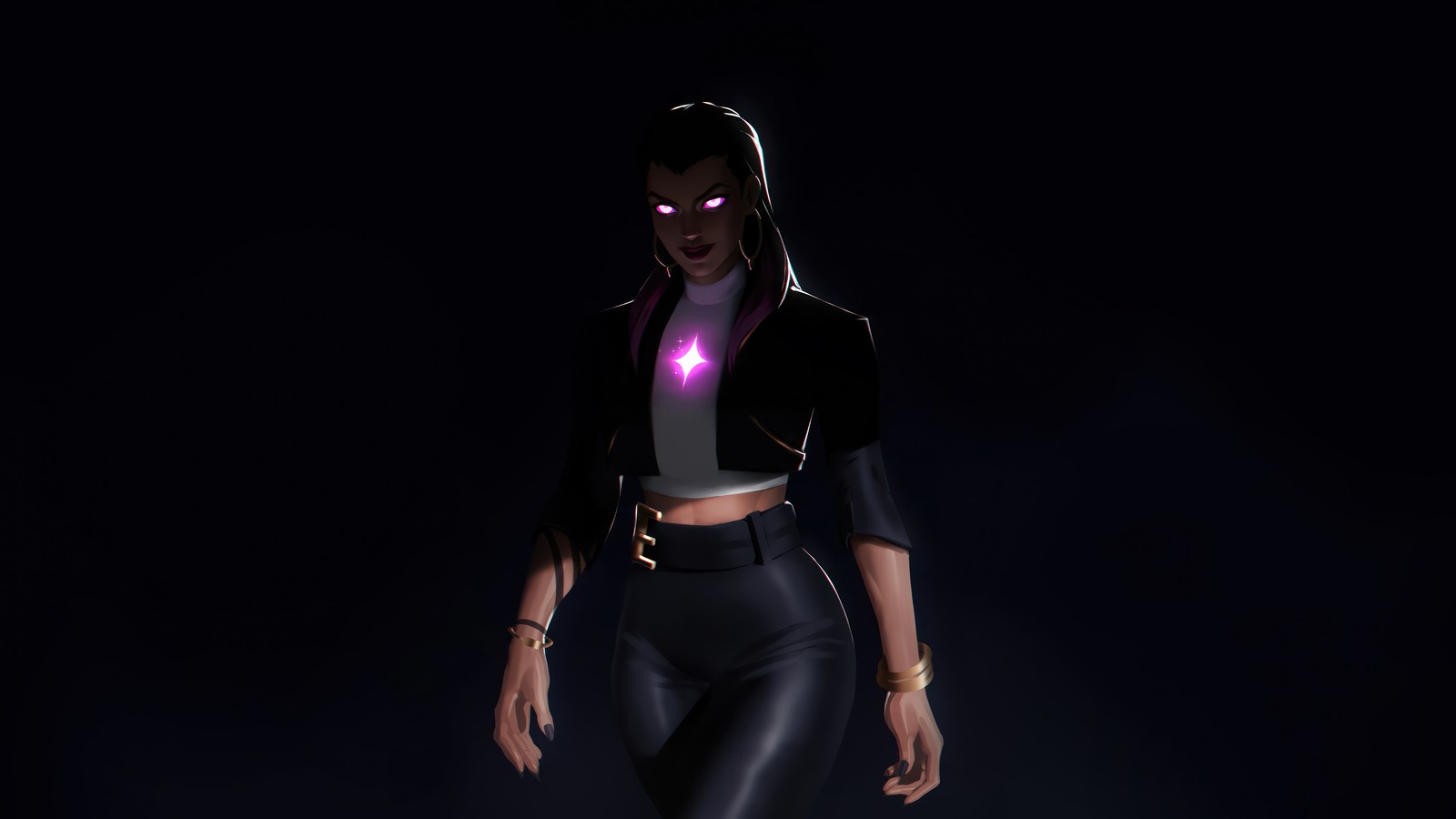 A woman in a black outfit with a pink light on her chest (reyna, valorant, video game)