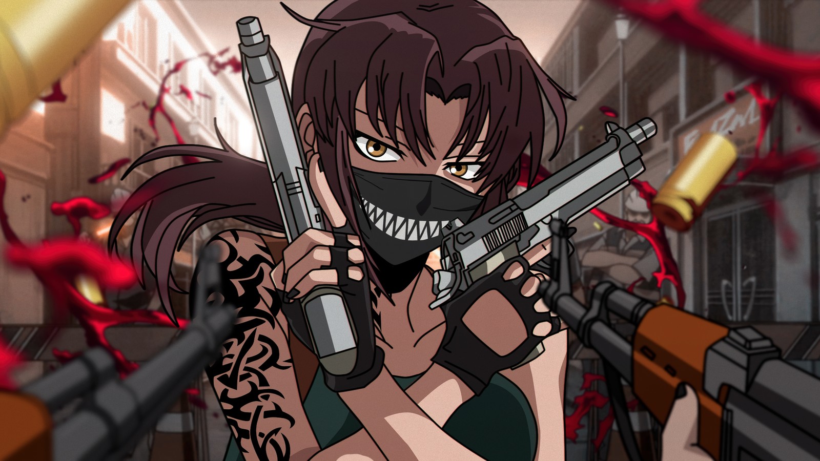 Chica anime con armas y una máscara sosteniendo un arma (laguna negra, revy, 5k, anime, fondo de pantalla 4k)