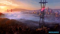 Lebendige Skyline von San Francisco bei Sonnenaufgang mit der ikonischen Golden Gate Bridge und der hoch aufragenden Stadtlandschaft in Watch Dogs 2