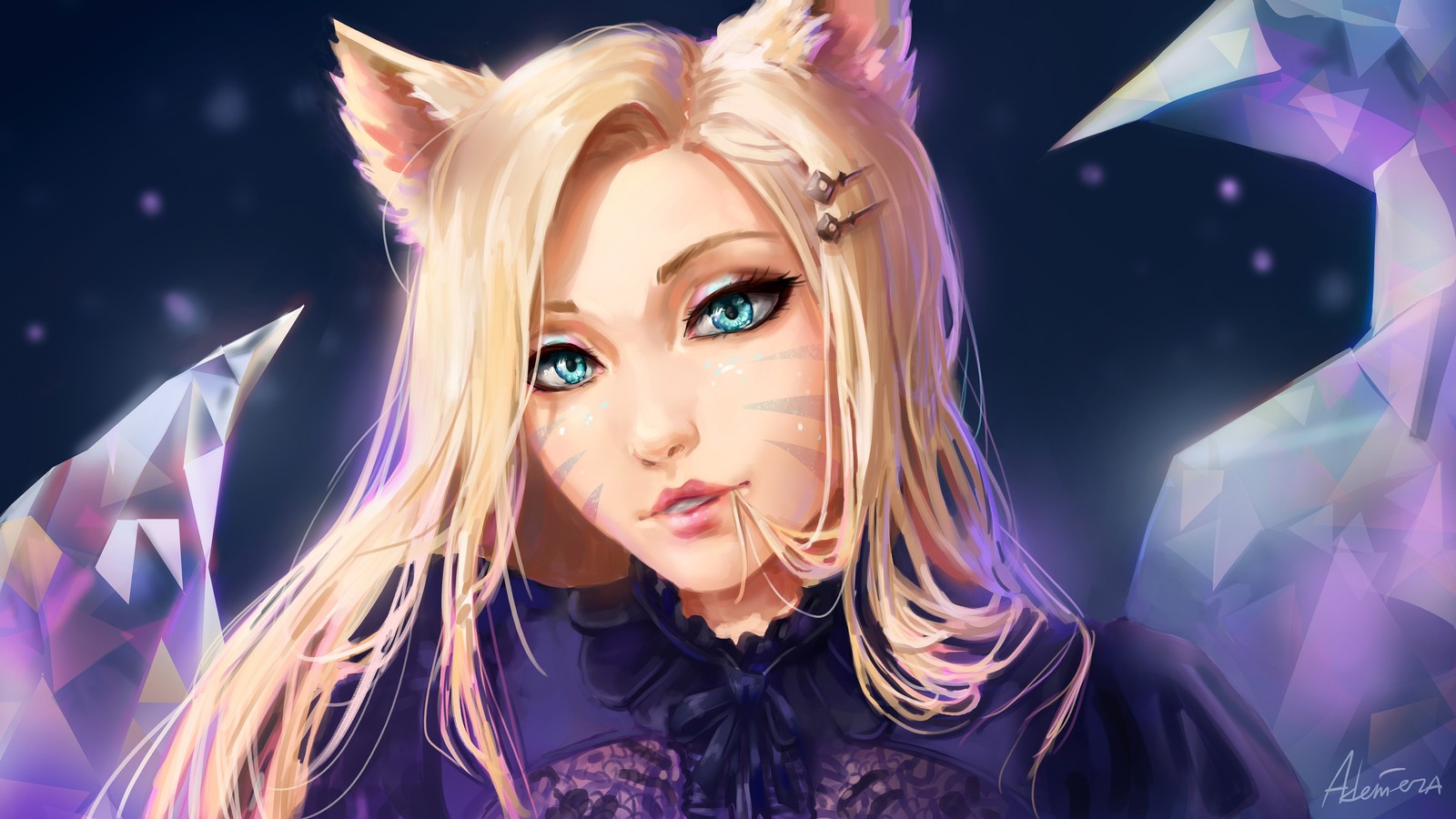 Una chica con ojos azules y orejas de gato está mirando a la cámara (ahri, kda, el más malo, lol, league of legends)