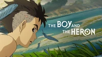 Un cautivador cartel de película para "El niño y la garza", que presenta a un joven niño mirando pensativo, rodeado de una naturaleza vibrante y delicadas mariposas azules, que encarna la estética encantadora de Studio Ghibli.