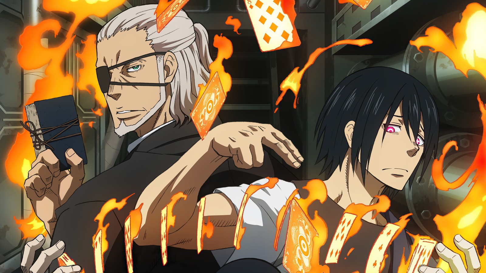 Two anime characters with guns in front of a fire (fire force, anime, enen no shouboutai, 炎炎ノ消防隊, leonard burns)