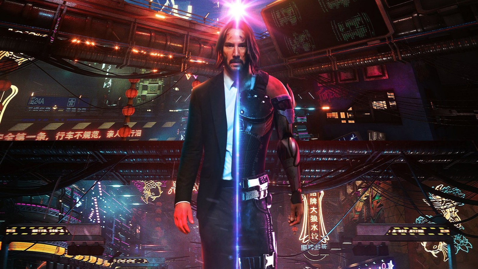 Un primer plano de una persona de pie en una habitación con luz de neón (cyberpunk 2077, videojuego, keanu reeves, johnny silverhand)