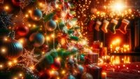 christmas tree, christmas, holiday, fireplace wallpaper