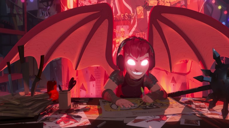 Un personnage de dessin animé assis à une table avec un dragon rouge (nimona)